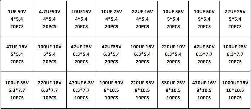 400/1500Pcs/Lot 1UF~1000UF 6.3V-50V 24/36 Value SMD Aluminum Electrolytic Capacitors Assortment Kit + Box