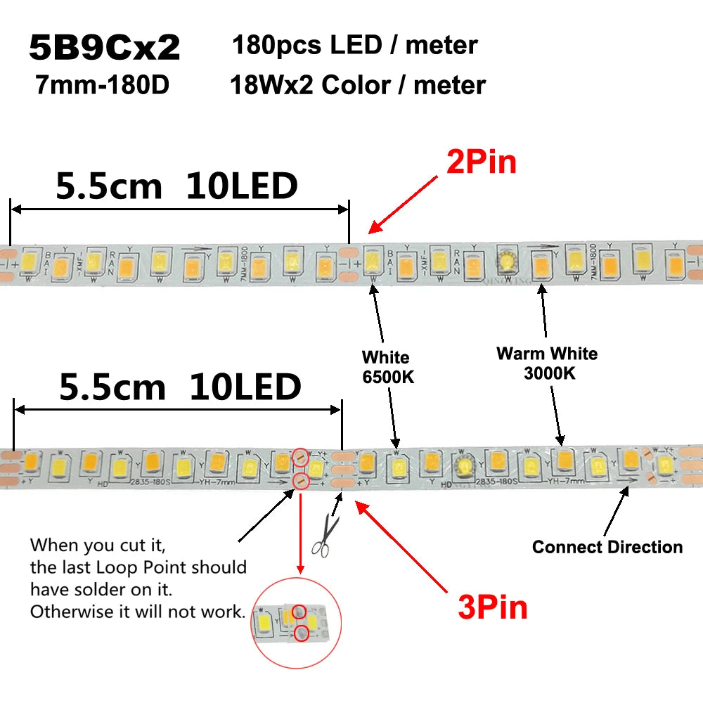 2Pin 3Pin Constant Current LED Strip SMD2835 200D/M 180D/M 5B10Cx2 5B9Cx2 3000K+6500K 3 Colors 7mm Width For Indoor Chandelier