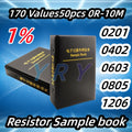 Resistor Kit Smd Book 0805 Chip Resistor Assortment Kit 0201 0402 0603 1206 1% FR-07 SMT 170 Values 0R-10M Smd Sample Book