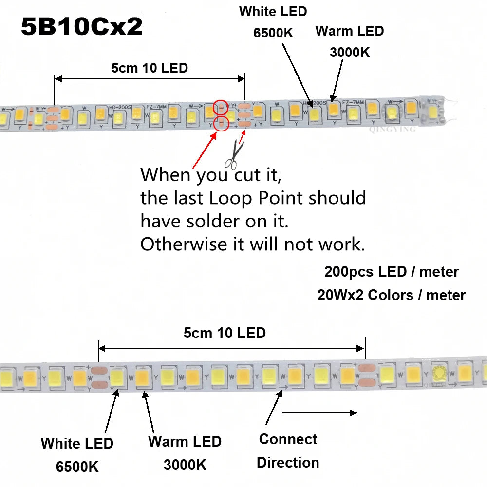 2Pin 3Pin Constant Current LED Strip SMD2835 200D/M 180D/M 5B10Cx2 5B9Cx2 3000K+6500K 3 Colors 7mm Width For Indoor Chandelier