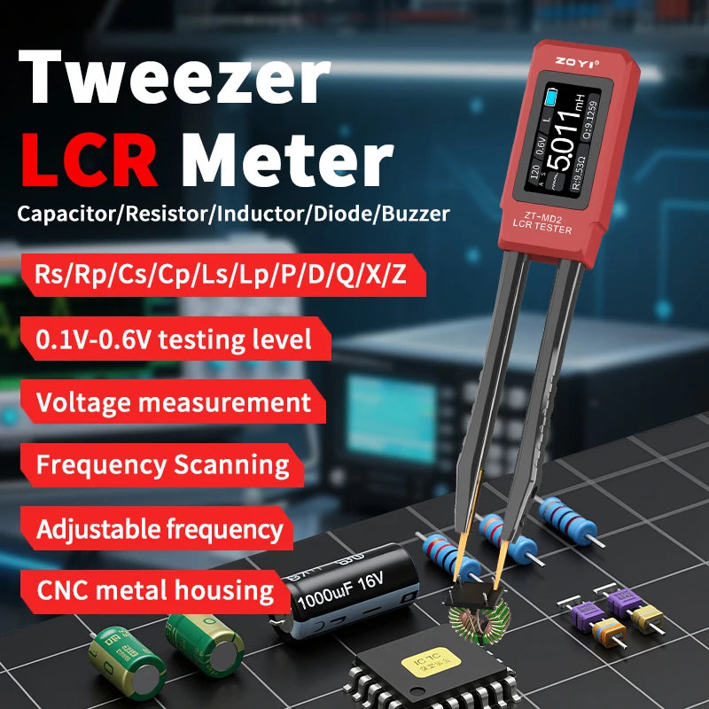 ZOYI ZT-MD2 Automatic RLC/ESR Tester SMD Component Tweezers Multimeter Capacitance Resistance Meter for Electronic Component Tes