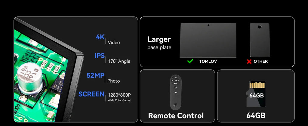 TOMLOV Microscope Digital 4K For Soldering TM4K Flex Arm 2000X HDMI Microscope Electronics Repair 10" LCD Coin Microscopio 64GB
